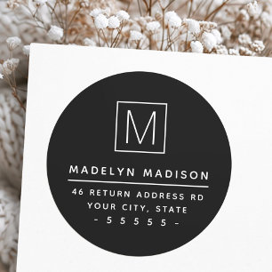 Modern monogram black return address classic round sticker