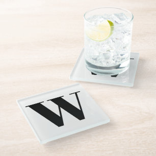 Modern monogram black white custom initial letter glass coaster