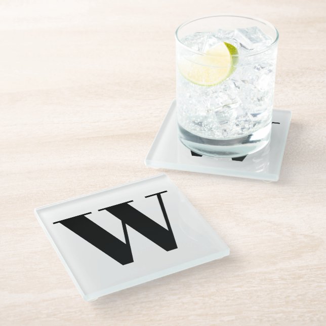 Modern monogram black white custom initial letter glass coaster (Angled)