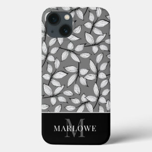 Modern Monogram Black White Grey Leaf Pattern iPhone 13 Case