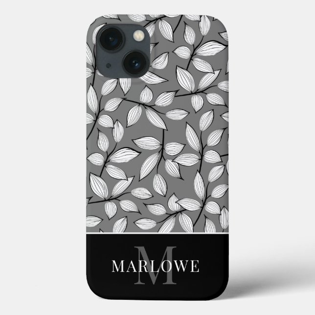 Modern Monogram Black White Grey Leaf Pattern Case-Mate iPhone Case (Back)