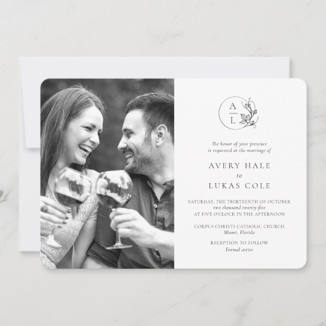 Modern Monogram Black White Photo Wedding Invitation (Front)