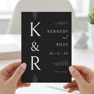 Modern Monogram Black & White QR Code Wedding Invitation