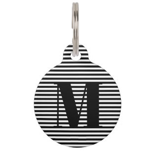 Modern monogram black white stripes custom info pet tag