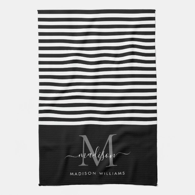 Modern Monogram Black White Stripes Script Name Kitchen Towel (Vertical)