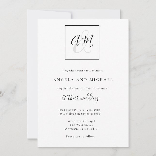 Modern Monogram Black & White Wedding Invitations (Front)