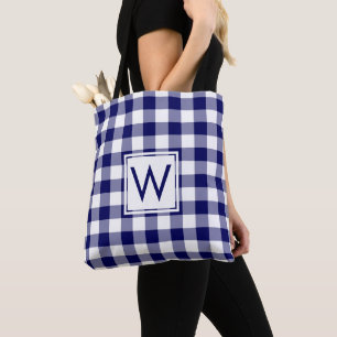 Modern Monogram Blue and White Gingham Pattern Tote Bag