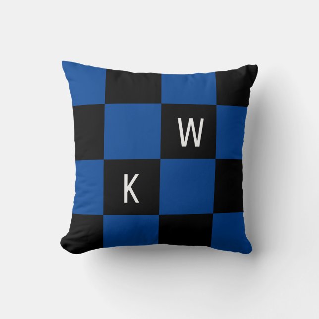 Modern Monogram Blue Black Check Throw Pillow (Front)