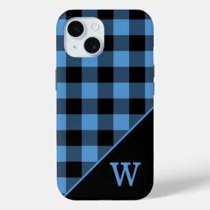 Modern Monogram Blue Black Gingham Plaid Pattern iPhone 15 Case