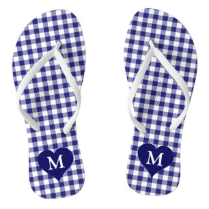 Modern Monogram Blue Checked Flip Flops