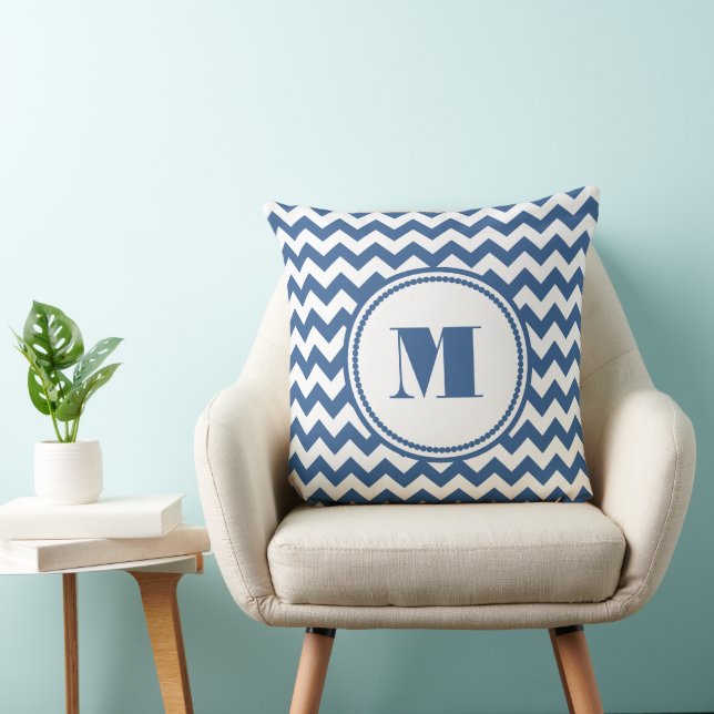 Modern Monogram Blue Chevron Pattern Throw Pillow (Chair)