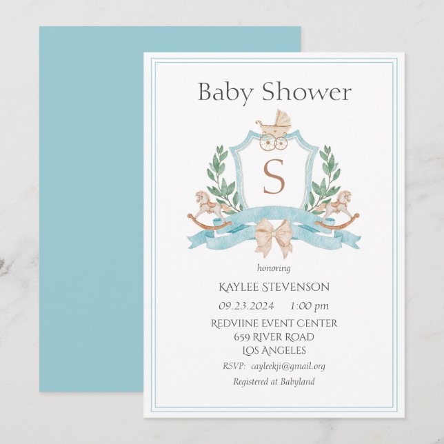 Modern Monogram Blue Crest Greenery Baby Invitation (Front/Back)