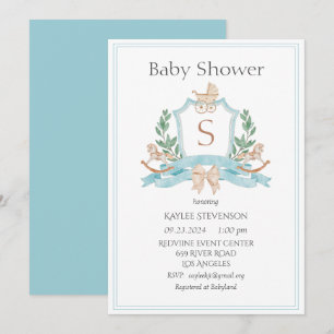 Modern Monogram Blue Crest Greenery Baby Invitation