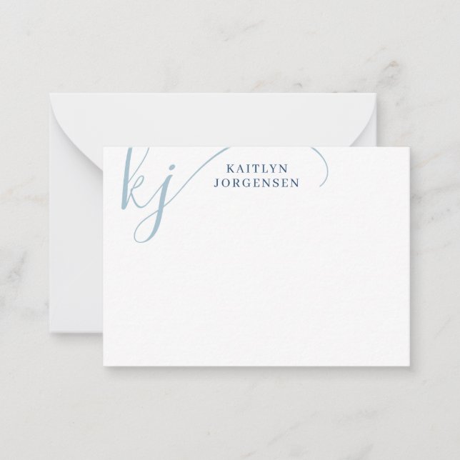 Modern Monogram Blue Fancy Script Initials Card (Front)