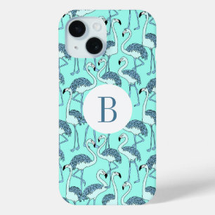 Modern Monogram Blue Flamingos Pattern  iPhone 15 Case