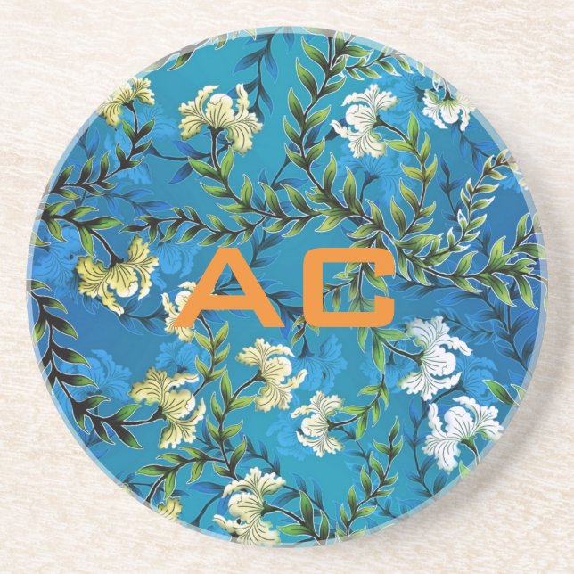 Modern Monogram Blue Floral Chic Coaster (Front)