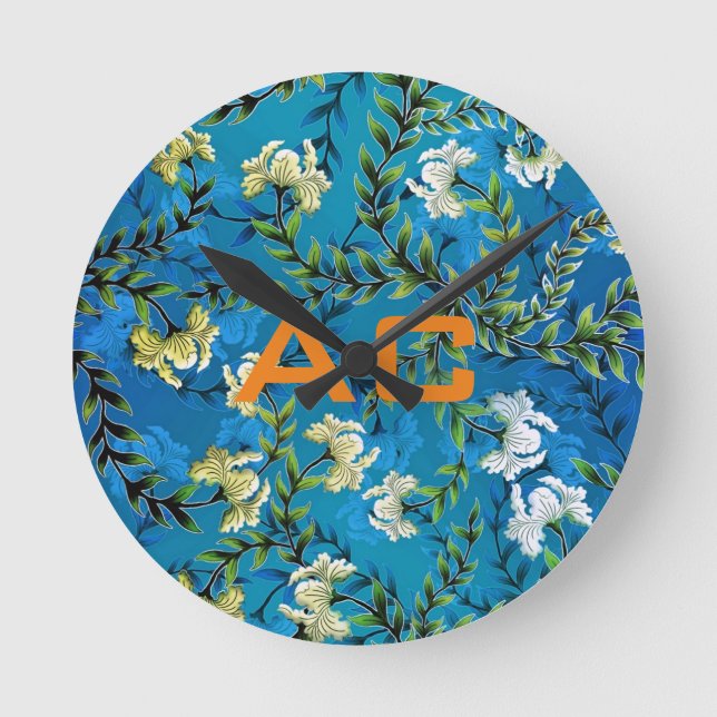 Modern Monogram Blue Floral Chic Round Clock (Front)