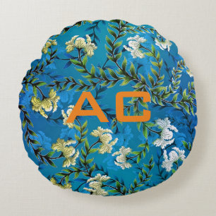 Modern Monogram Blue Floral Chic Round Pillow