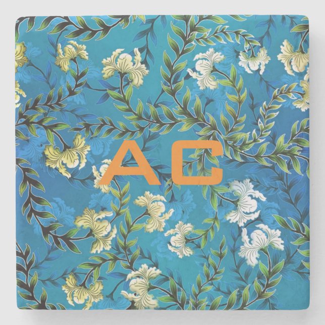 Modern Monogram Blue Floral Chic Stone Coaster (Front)