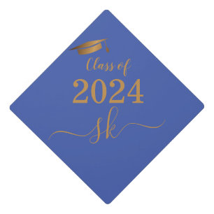 Modern Monogram Blue Gold Script Graduation Cap Topper