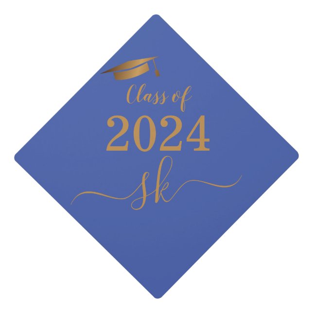 Modern Monogram Blue Gold Script  Graduation Cap Topper (Front)