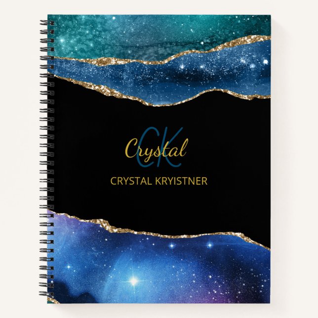 Modern Monogram Blue Green Agate Glitter  Notebook (Front)