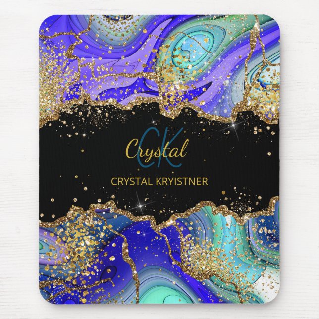 Modern Monogram Blue Green Agate Glitter  Notebook Mouse Pad (Front)