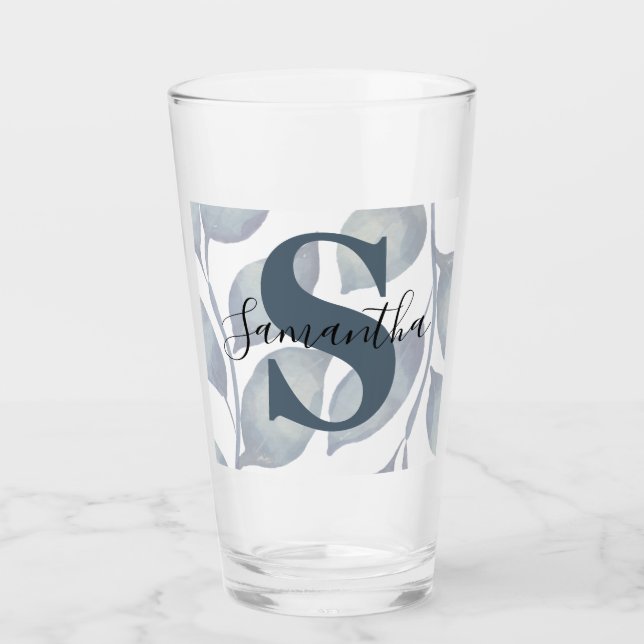 Modern Monogram Blue leaf  Glass (Front)
