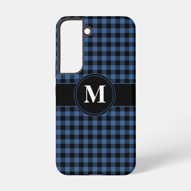 Modern Monogram Blue Plaid Pattern Samsung Galaxy S22 Case (Back)