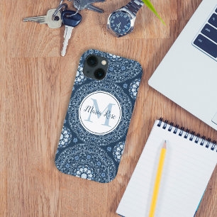 Modern Monogram Blue Simple Mandala Custom iPhone 13 Case
