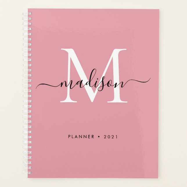 Modern Monogram Blush Dusty Pink Girly Script 2021 Planner (Front)
