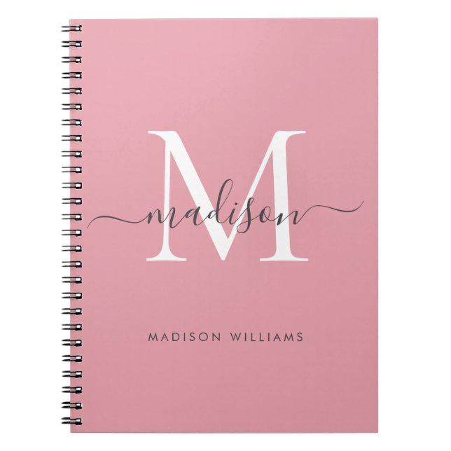 Modern Monogram Blush Pink Blush Grey Script Name Notebook (Front)