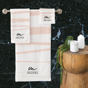 Modern Monogram Blush Pink Lines Abstract Art  Bath Towel Set