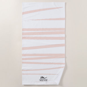 Modern Monogram Blush Pink Lines Abstract Art Beach Towel