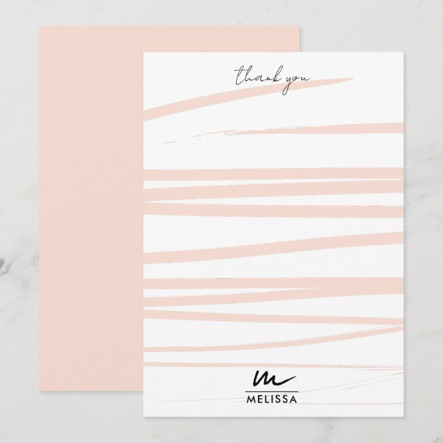 Modern Monogram Blush Pink Lines Abstract Art  Thank You Card (Front/Back)