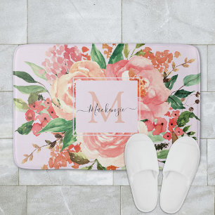 Modern Monogram Blush Pink Spring Flower Floral Bath Mat