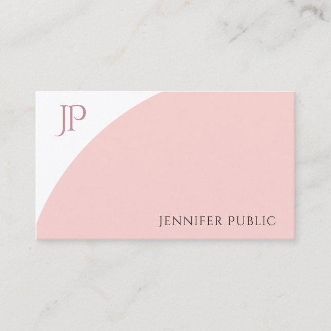 Modern Monogram Blush Pink White Elegant Simple Business Card (Front)