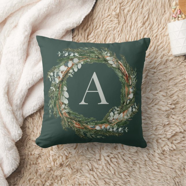 Modern monogram botanical wreath elegant green throw pillow (Blanket)