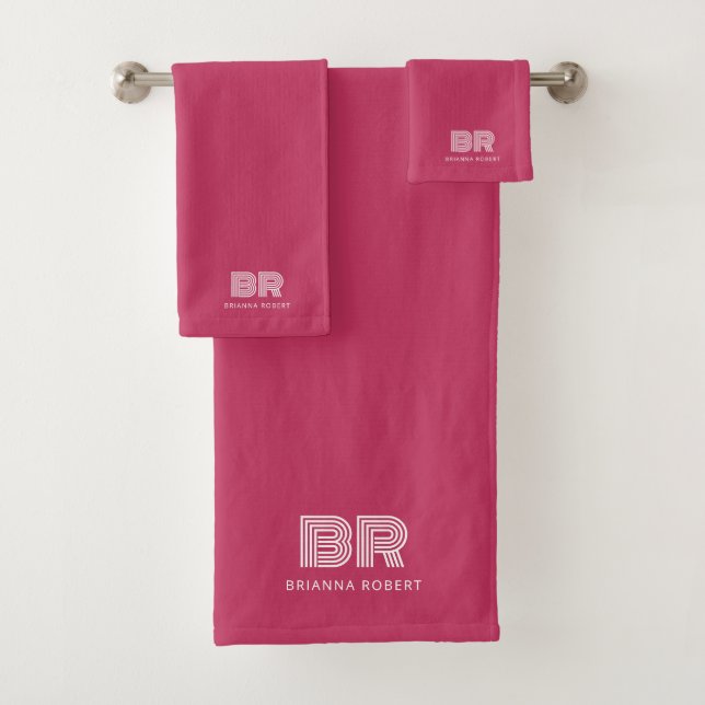 Modern Monogram Branding Logo Stylish Hot Pink Bath Towel Set (Insitu)