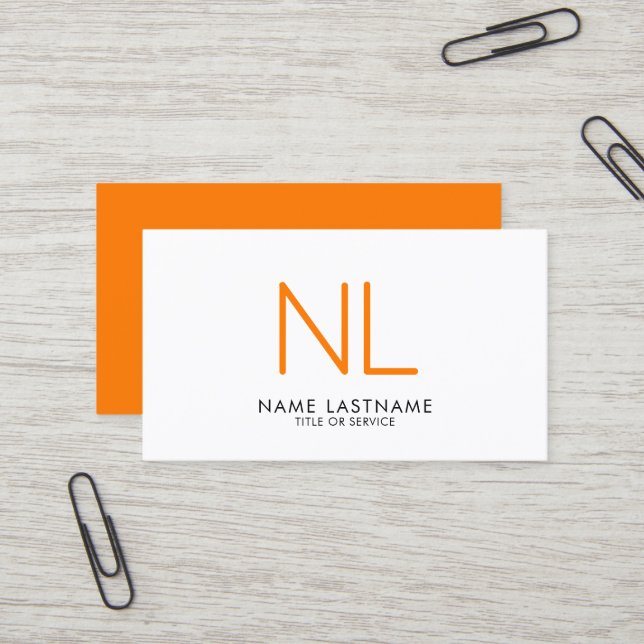 Modern Monogram Bright Orange Minimalist  White Business Card (Front/Back In Situ)