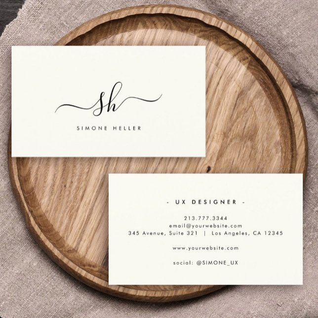 Modern Monogram Brush Script Black Ivory Simple Business Card (Creator Uploaded)