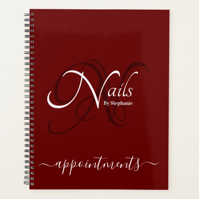Modern Monogram Burgundy Red Nail Artist Appt Planner (Front)