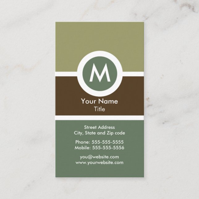 Modern Monogram Business Card - Green/Brown (Front)