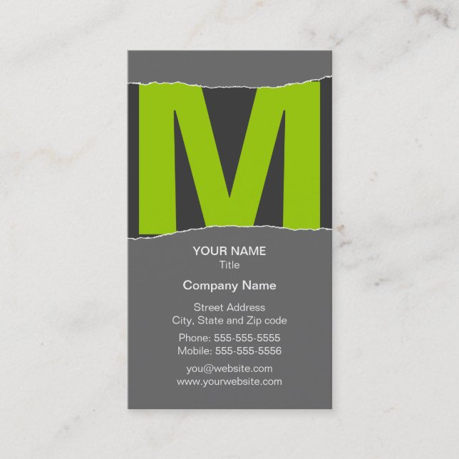 Modern Monogram Business Card - Green/Grey (Front)