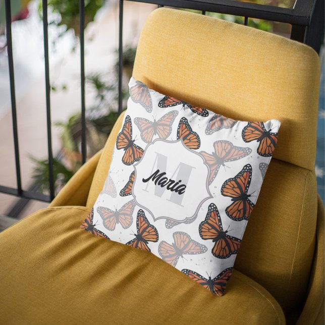 Modern Monogram Butterflies Personalized Throw Pillow (Elegant monogram pillow with botanical monarch butterflies. )