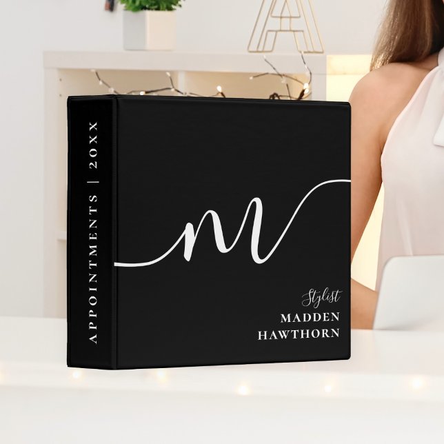 Modern Monogram Calligraphy Black Appointment Binder (Creator Uploaded)