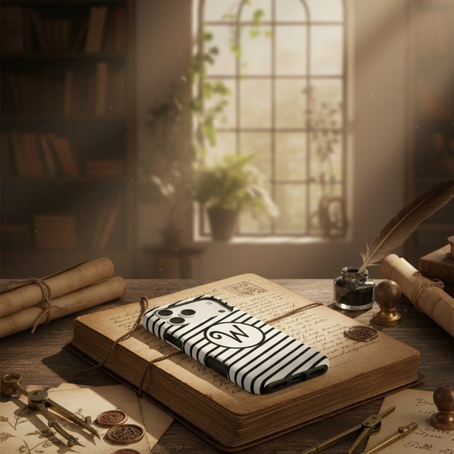 Modern Monogram Chic Black & White Diagonal Stripe (Créateur téléchargé)