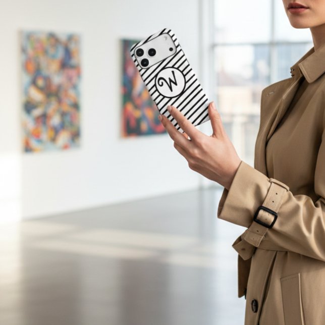 Modern Monogram Chic Black & White Diagonal Stripe (Créateur téléchargé)