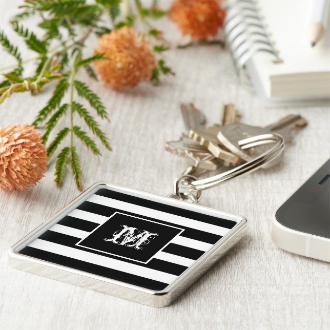 Modern monogram chic black & white striped keychain (Side)
