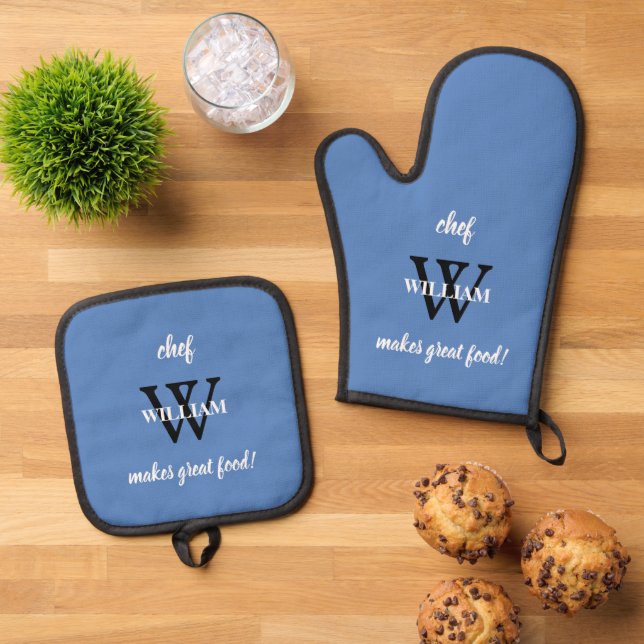 Modern Monogram Chic Script Chef Name Rustic Blue  Oven Mitt & Pot Holder Set (Top Down)